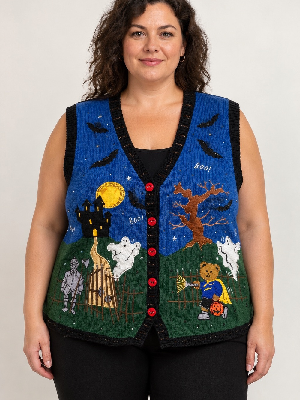 Vintage Holiday Editions Blue & Green Halloween Scene Sweater Vest size XL